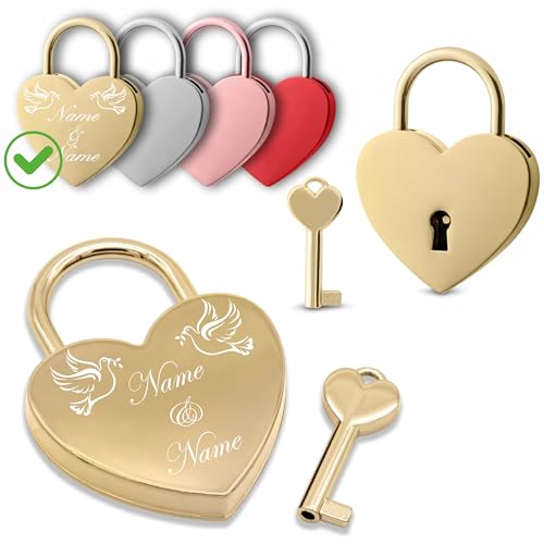 Liebesschloss mit Gravur und Schlüssel - Herzschloss Vorhängeschloss personalisiert mit Wunschtext und Design - Pärchen Geschenke für Frauen - Geschenke für Paare - Partner Geschenke für Ihn (Gold) von GravuX
