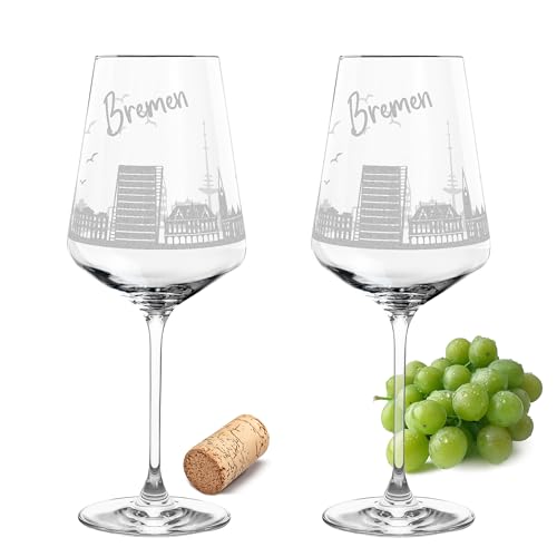 Gravur-Max Leonardo Weinglas mit Gravur 2er-Set Skyline Bremen mit einer hochwertigen 360° Gravur Ihrer Stadt Weißweinglas Leonardo Puccini 560ml von Gravur-Max