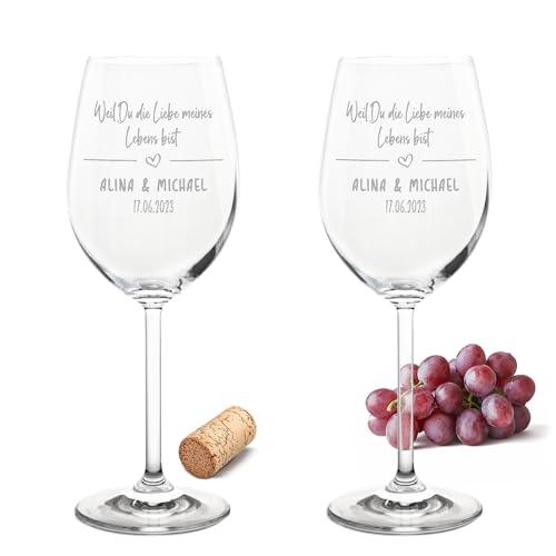 Gravur-Max Leonardo Weinglas mit Gravur 2er-Set für Ihn & Sie Weil Du die Liebe meines Lebens bist Personalisiert mit Name & Datum Liebesglas Leonardo Daily Rotweinglas 460ml von Gravur-Max