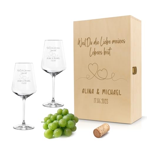 Gravur-Max Leonardo Weinglas mit Gravur 2er-Set inkl. Holzbox für Ihn & Sie Weil Du die Liebe meines Lebens bist Personalisiert mit Name & Datum Liebesglas Leonardo Puccini 560ml von Gravur-Max