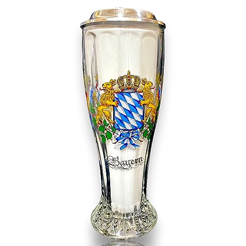 Gravuren Feller Weizenbierglas mit Sternboden, farbiger Bayernraute und Zinndeckel-Weißbierglas von Gravuren Feller