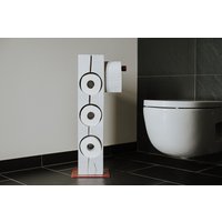 Toilettenpapierhalter, Handgefertigt Aus Massivem Eichenbalken Mit Geschmiedetem Metallsockel Und Weißes Badezimmermöbel-Design-Innenraum von GrawFurniture