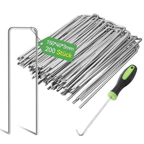 Graxury 200 Stück 15cm Ø 3mm Schwere Gartennägel Stahlpfähle - Verzinkte Stahlklammern zur Sicherung von Unkrautvlies, Netzen und Rohren mit 1 Hacken von Graxury