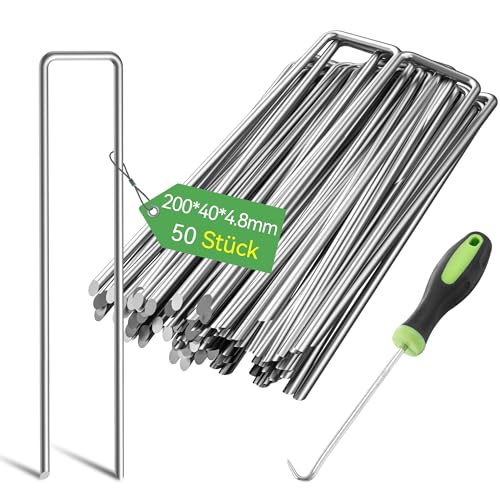 Graxury 50 Stück 20cm (Ø 4.8mm) Schwere Gartennägel Stahlpfähle - Verdickte verzinkte Stahlklammern zur Sicherung von Unkrautvlies, Netzen und Rohren mit 1 Hacken von Graxury
