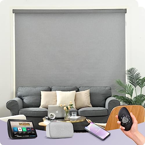 Graywind Verdunkelung Elektrische Rollo Innen mit Wiederaufladbar Motor, nach Maß Wärmedämmung Smart Fensterrollo Kompatibel Alexa Google, Sonnenschutz Motorisierte Rollo mit Fernbedienung, Hellgrau von Graywind