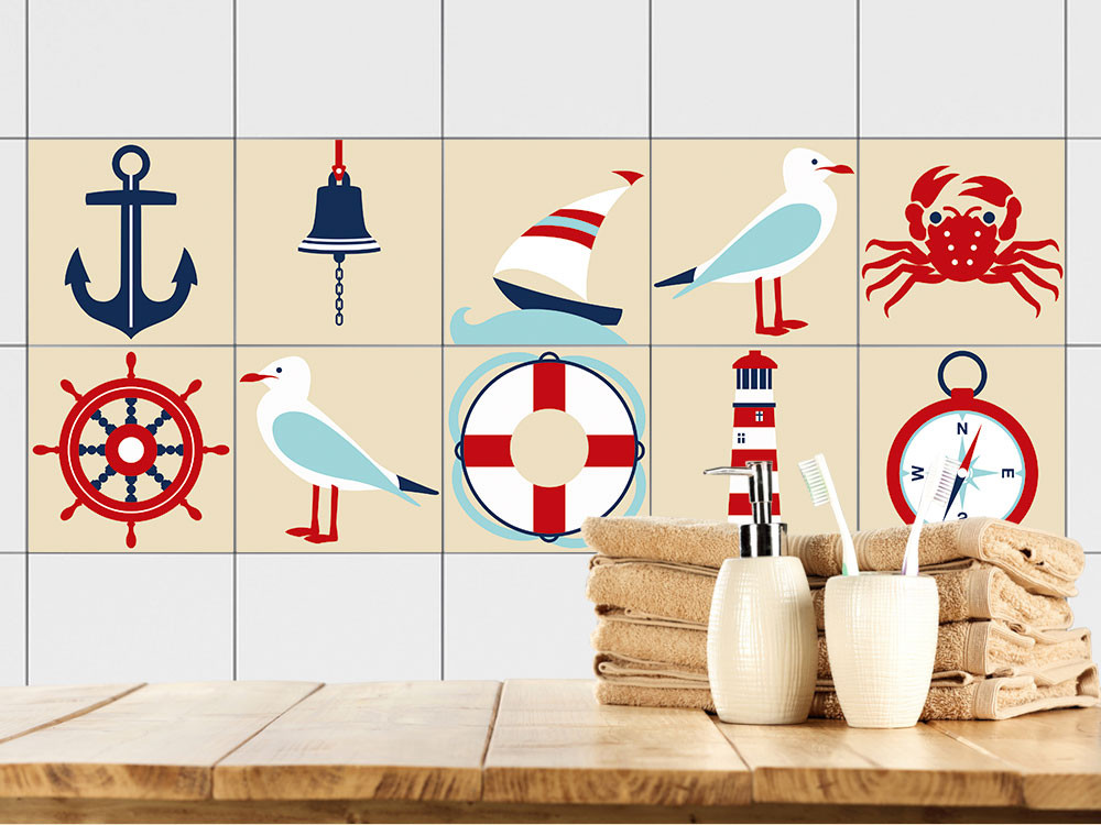 Fliesen zum Aufkleben Set Möwe Schiff Glocke Krabbe von Graz Design