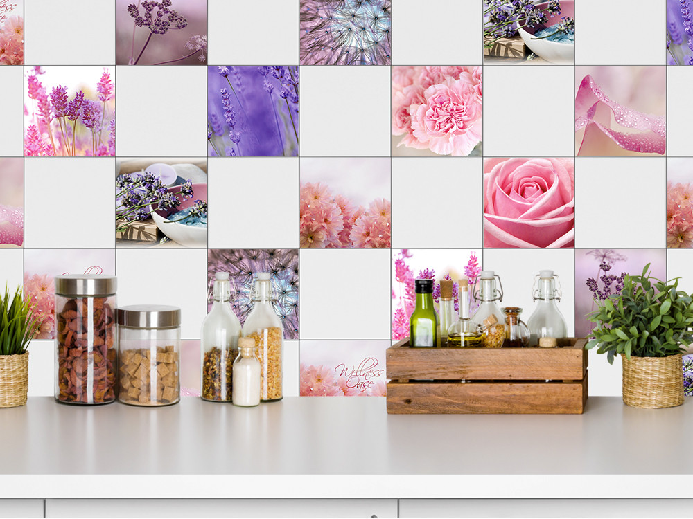 Fliesenaufkleber Set für Bad Rose Lavendel Blumen lila pink von Graz Design
