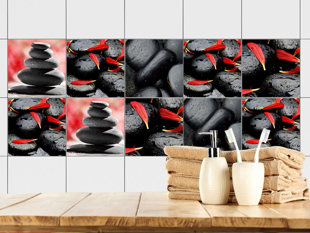 Fliesenaufkleber Set für Bad Steine Blätter schwarz rot von Graz Design