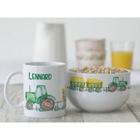 Frühstücksset Kinder Mit Namen Personalisiert, Geschenk-Geschirrset Zum Geburtstag, Müslischale, Tasse 3 Teiliges Geschenkset, Traktor von GrazDesign