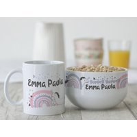 Frühstücksset Kinder Mit Namen Personalisiert, Geschenk Geschirrset Zum Geburtstag, Müslischale, Tasse 3Teilig, Einhorn Regenbogen von GrazDesign