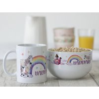 Frühstücksset Kinder Mit Namen Personalisiert, Geschenk-Geschirrset Zum Geburtstag, Müslischale, Tasse 3Teilig Geschenkset, Einhorn Schloss von GrazDesign