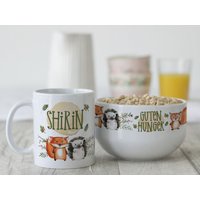 Frühstücksset Kinder Mit Namen Personalisiert, Geschenk-Geschirrset Zum Geburtstag, Müslischale, Tasse 3Teilig Geschenkset, Waldtiere Spruch von GrazDesign