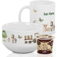 Frühstücksset Kinder Mit Namen Personalisiert, Geschirrset Zum Geburtstag, Müslischale, Tasse 3Teilig Geschenkset Bauernhof Tiere Trecker von GrazDesign
