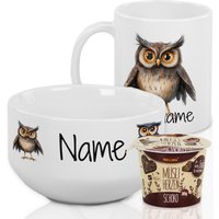Müslischale Und Tasse Set Eule Mit Namen Personalisiert, Geschenk-Geschirrset Zum Geburtstag 3Teilig Geschenkset von GrazDesign