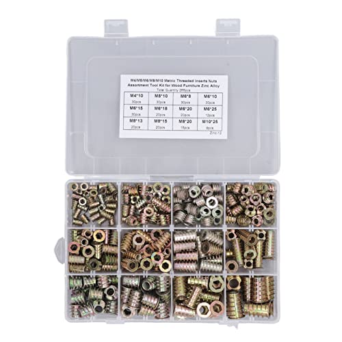 265 PCs Gewinde Einsätze Muttern Sortiment Tool Kit, Zinklegungsmöbel Bolt, Holzeinsätze Bolzen Förderer für Kiefernholz Sperrholz M4 M5 M6 M8 M10 von Grcfumo
