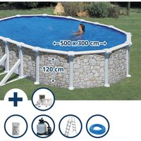 Stahlwandpool Set (6-teilig) hoch oval 500 x 300 x 120 cm, Stahl 0,45mm Steinoptik Folie 0,3mm blau von GRE