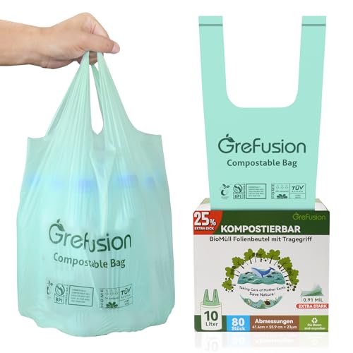GreFusion Extra Stark 10L Biomüllbeutel mit Henkel 80 Stück Müllbeutel mit Tragegriff ok compost von GreFusion