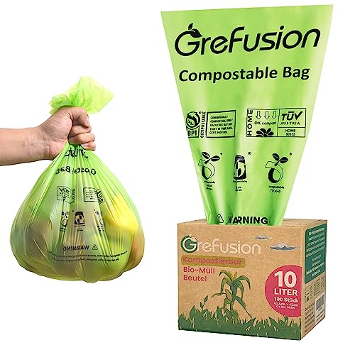 GreFusion Biomüllbeutel 10 Liter x 100 biologisch abbaubarer Folienbeutel Kompostierbare Abfallbeutel von GreFusion
