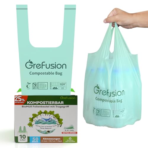 GreFusion Extra Stark 10L Biomüllbeutel mit Henkel 50 Stück Müllbeutel mit Tragegriff von GreFusion