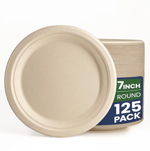 GreFusion stabilen Bagasse Unbleached Pappteller 7in Ø 17,8 cm (rund, braun) 125 Stück Party Einwegteller Zuckerrohr von GreFusion