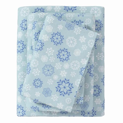 Great Bay Home 100% türkische Baumwolle, Flanell-Bettlaken-Set für Kinder, Tiefe Tasche, Spannbetttuch, weiche Laken,warme Winter-Bettlaken,Anti-Pilling-Flanell-Bettlaken (voll, Blaue Schneeflocke) von Great Bay Home