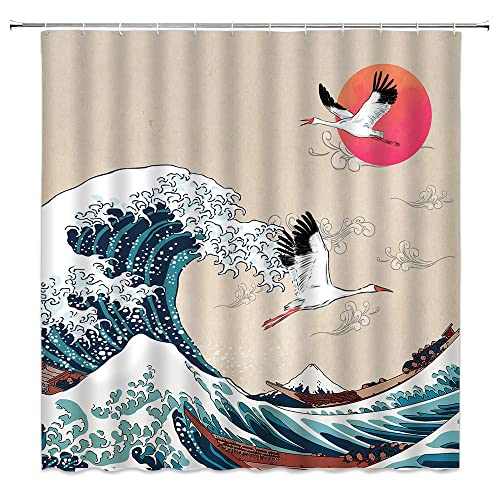 Great Wave Duschvorhang Japanischer Kanagawa Ozean Boot Japan Mount Fuji Meereswellen Vollmond Rote Sonne Kran Asiatische Kunst Badezimmer Heimdekoration mit Haken, Blau Weiß Braun von Great Wave