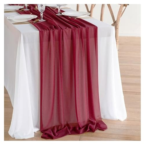 GreatRise Chiffon Tischläufer, 90×180cm Hochzeit Käsetuch Tüll Tischdecke Boho-Still Musselin Seihtuch-Tisch Läufer Rustikaler Gaze Tisch Dekostoff für Geburtstagsfeiern Küche Tischdeko Burgunderrot von GreatRise