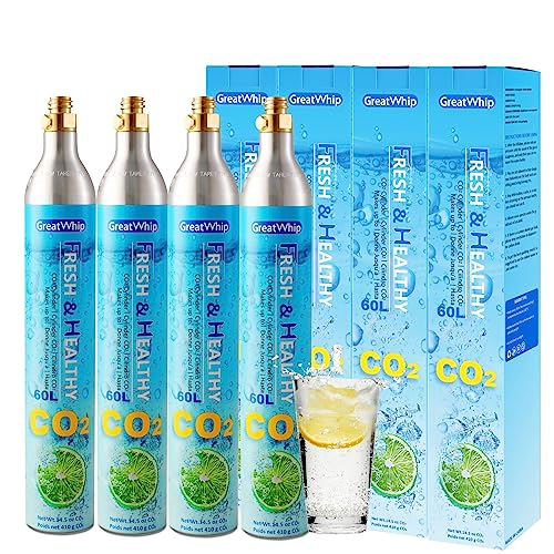 GreatWhip 4x CO2 Zylinder 60 L für Wassersprudler, Prämie Einschrauben Karbonisator kompatibel mit gängigen Sprudlern, SodaStream, Aarke etc., 425g Recycelbar Gewindezylinder *Nicht für Quick Connect von GreatWhip