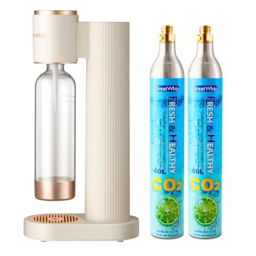 GreatWhip Sparkling Water Maker Set, Soda Maschine Milchig Weiß, mit 60L CO2 Zylinder 2 Stück, 1L Wasserflasche BPA-FREE, Kompatibel mit SodaStream Screw-in Soda Maker 60L Sparkling Carbonator von GreatWhip