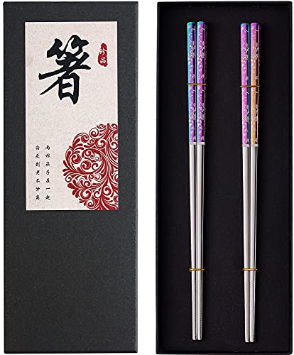 Metall-Essstäbchen, wiederverwendbar, schillernd, regenbogenfarben, Edelstahl, titanbeschichtet, Essstäbchen, spülmaschinenfest, ausgefallene Essstäbchen, Chopsticks mehrfarbig, 2 Paar Geschenk-Set von Greatamzor