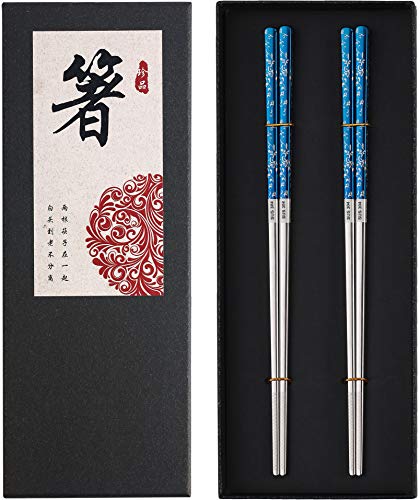 Titanbeschichtete Essstäbchen aus Edelstahl, Essstäbchen aus Metall, wiederverwendbar, spülmaschinenfest, hochwertig, lasergraviert, Chopsticks zum Essen, 2 Paar Geschenk-Set, Blau / Silber von Greatamzor