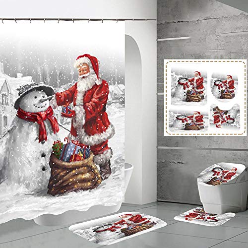 Greatideal Duschvorhang Set, Weihnachten Schneemann Duschvorhang 4-teiliges Set Mit Rutschfestem Teppich Badezimmermatte Toilettenbezug, Für Badezimmer Fußmatte Weihnachten Dekoriert Badezimmer von Greatideal