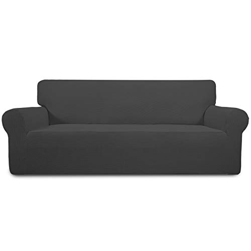 Greatime Stretch Sofabezug Sofaüberwurf Möbelschutz Sofaüberzug Couchbezug Couch Schild Sofahusse Weich mit Gummiband Schaumstreifen (Dunkelgrau,3-Sitzer) von Greatime