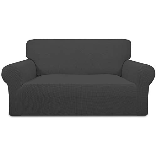 Greatime Stretch Sofabezug Sofaüberwurf Möbelschutz Sofaüberzug Couchbezug Couch Schild Sofahusse Weich mit Gummiband Schaumstreifen (Dunkelgrau,2-Sitzer) von Greatime