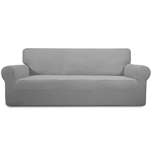 Greatime Stretch Sofabezug Sofaüberwurf Möbelschutz Sofaüberzug Couchbezug Couch Schild Sofahusse Weich mit Gummiband Schaumstreifen (Hellgrau,3-Sitzer) von Greatime