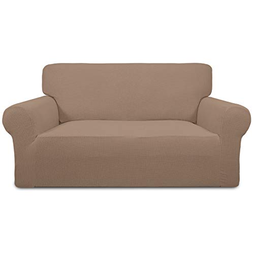 Greatime Stretch Sofabezug Sofaüberwurf Möbelschutz Sofaüberzug Couchbezug Couch Schild Sofahusse Weich mit Gummiband Schaumstreifen (Kamel,2-Sitzer) von Greatime