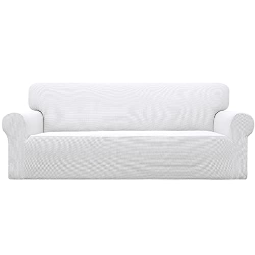 Greatime Stretch Sofabezug Sofaüberwurf Möbelschutz Sofaüberzug Couchbezug Couch Schild Sofahusse Weich mit Gummiband Schaumstreifen(Schneeweiß,3-Sitzer) von Greatime