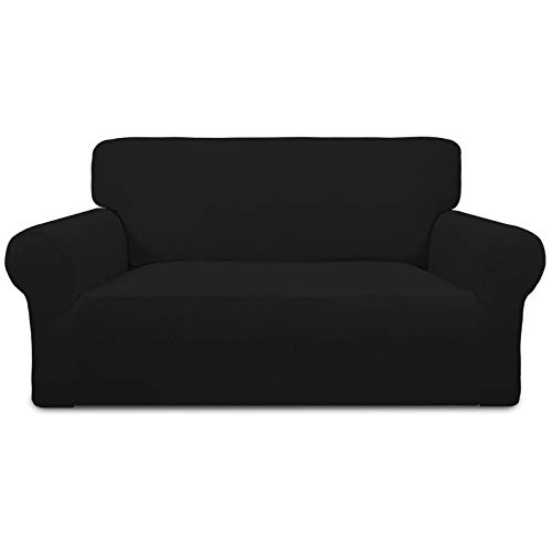 Greatime Stretch Sofabezug Sofaüberwurf Möbelschutz Sofaüberzug Couchbezug Couch Schild Sofahusse Weich mit Gummiband Schaumstreifen (Schwarz,2-Sitzer) von Greatime