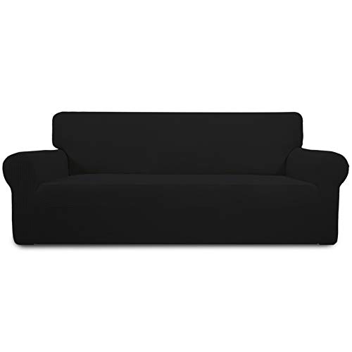 Greatime Stretch Sofabezug Sofaüberwurf Möbelschutz Sofaüberzug Couchbezug Couch Schild Sofahusse Weich mit Gummiband Schaumstreifen (Schwarz,Übergroß-3-Sitzer) von Greatime