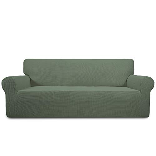 Greatime Stretch Sofabezug Sofaüberwurf Möbelschutz Sofaüberzug Couchbezug Couch Schild Sofahusse Weich mit Gummiband Schaumstreifen (3-Sitzer, Gräulich Grün) von Greatime