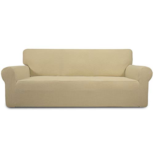 Greatime Stretch Sofabezug Sofaüberwurf Möbelschutz Sofaüberzug Couchbezug Couch Schild Sofahusse Weich mit Gummiband Schaumstreifen (Beige,3-Sitzer) von Greatime