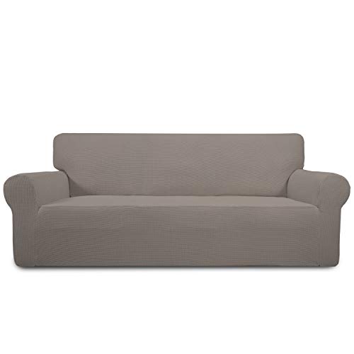 Greatime Stretch Sofabezug Sofaüberwurf Möbelschutz Sofaüberzug Couchbezug Couch Schild Sofahusse Weich mit Gummiband Schaumstreifen (Übergroß-3-Sitzer, Taupe) von Greatime