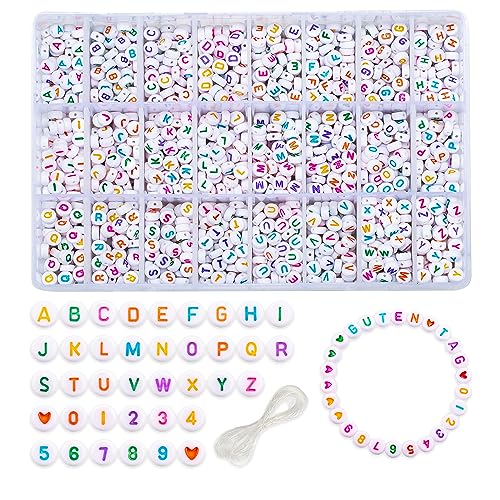 2590 Stück Buchstaben Perlen Set, Buchstabenperlen A bis Z, Perlen Beads Set mit Herzperlen und Nummer 0 bis 9, Bastelnperlen Set mit Art Angelschnur für Schmuckherstellung,Bunt von Gredstar