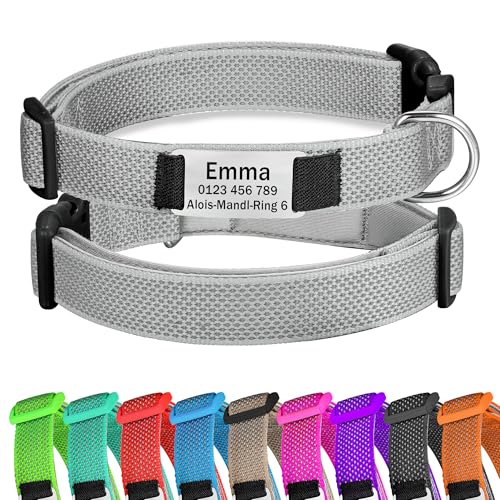 Grau Hundehalsband Reflektierendes gepolstertes Nylon verstellbar mit Schnalle Personalisiert mit Namen und Telefonnummer für große Hunde, L von Gredstar