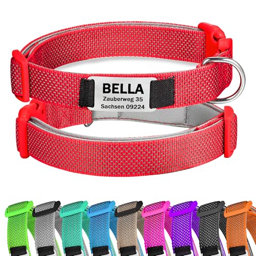 Rot Hundehalsband Reflektierendes gepolstertes Nylon verstellbar mit Schnalle Personalisiert mit Namen und Telefonnummer für mittelgroße Hunde, M von Gredstar
