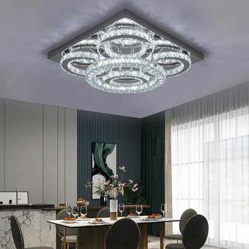 GreeLustr LED Stahl Kronleuchter mit K9 Kristall für Flurlampe Schlafzimmer Wohnzimmer Esszimmer Deckenleuchte (Quadrat 5-Ringe) von GreeLustr