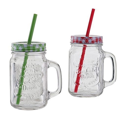 1 x Oramics Trinkglas mit Deckel und Strohhalm, Vintage Mason Jar Glas mit Deckel und Strohhalm 500ml (Farbe Grün/Rot nicht frei wählbar) von Greemotion