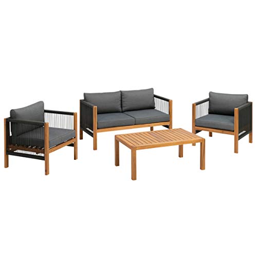 greemotion Lounge-Set Abaco, Gartenmöbel-Set mit Kissen, Akazienholz FSC 100 %, Mittel, Grau / Schwarz / Holzfarben von Greemotion