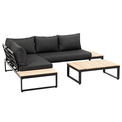 greemotion Lounge-Set Rio, Gartenmöbel-Set aus Aluminium & Akazienholz FSC 100%, Schwarz / Holzfarben / Grau, Mittel von Greemotion