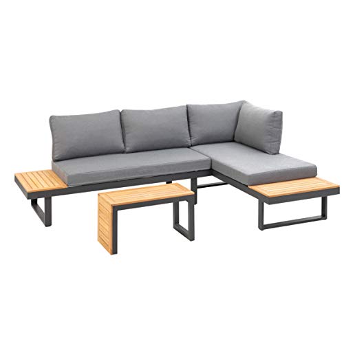 greemotion Lounge-Set Samara, Gartenmöbel-Set aus Aluminium, inklusive Kissen, Anthrazit / Holzfarben / Grau, Mittel von Greemotion